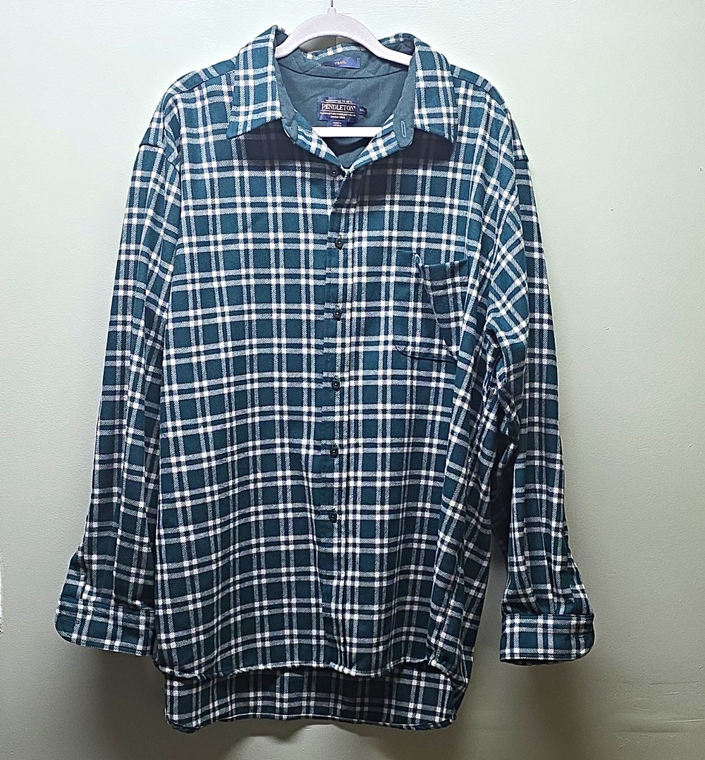 Pendleton Trail Wool Flannel Plaid Button-Up Shirt 2XL Green/White